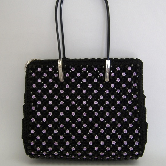 Black Fenghua Purse Pink Flower Beaded Tote Evening Handbag Silver Metal - Picture 2 of 8